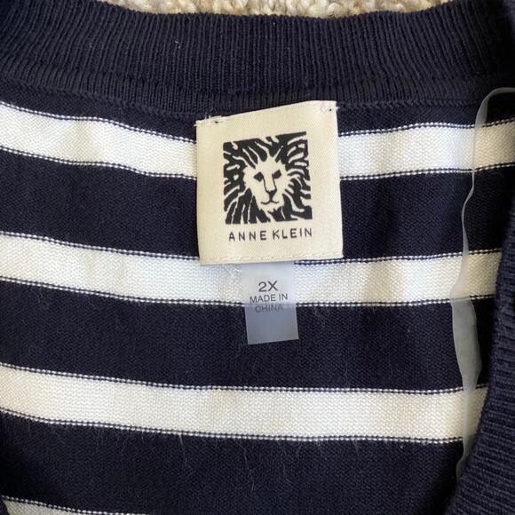 Anne Klein Sz 2X Nautical Striped Fine-knit Sweater W Gold Buttons Navy White - Picture 7 of 16